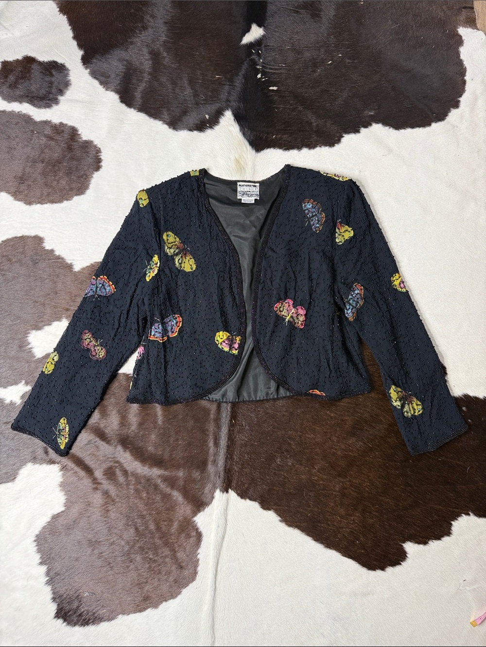 Black Cropped Blazer with Multicolor Butterfly Motifs